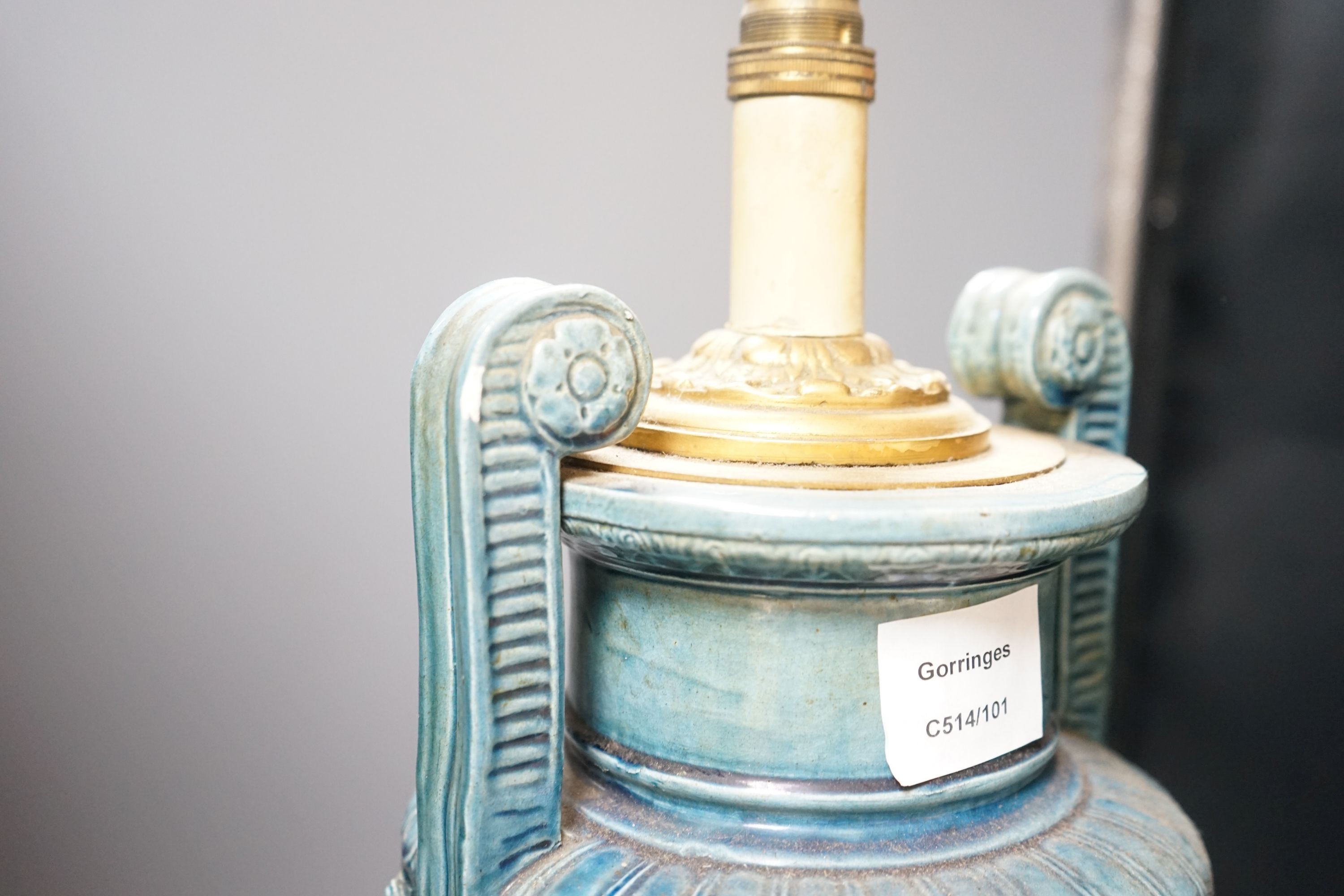 A Roman revival blue glazed table lamp